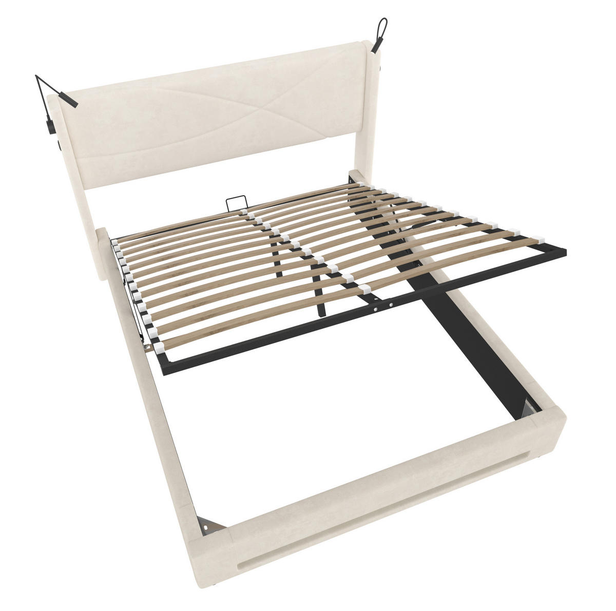 POLSTERBETT 140/200 cm mit LED-Beleuchtung, 2 Leselampen, USB-Anschlüssen und hydraulischem Stauraum, Beige - Beige, Textil (140/200cm) - Redom