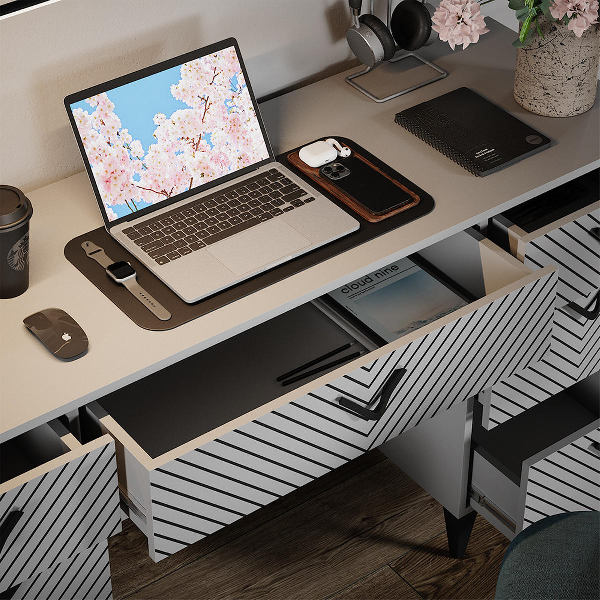 SCHREIBTISCH Anett Grau 150 x 45 cm mit 7 Schubladen - Grau, Holzwerkstoff (45/150/78.1cm) - Vicco