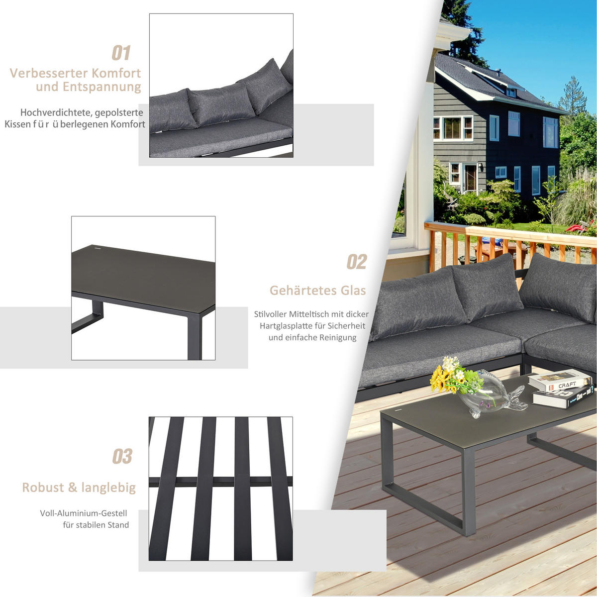 GARTENGARNITUR, Aluminium, gehärtetes Glas, Grau+Schwarz - Multicolor, Metall - Outsunny