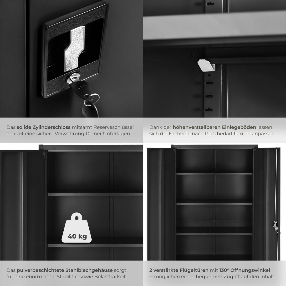 AKTENSCHRANK Blain,180 x 80 x 40 cm,schwarz - Schwarz, Metall (40/180/80cm) - tectake
