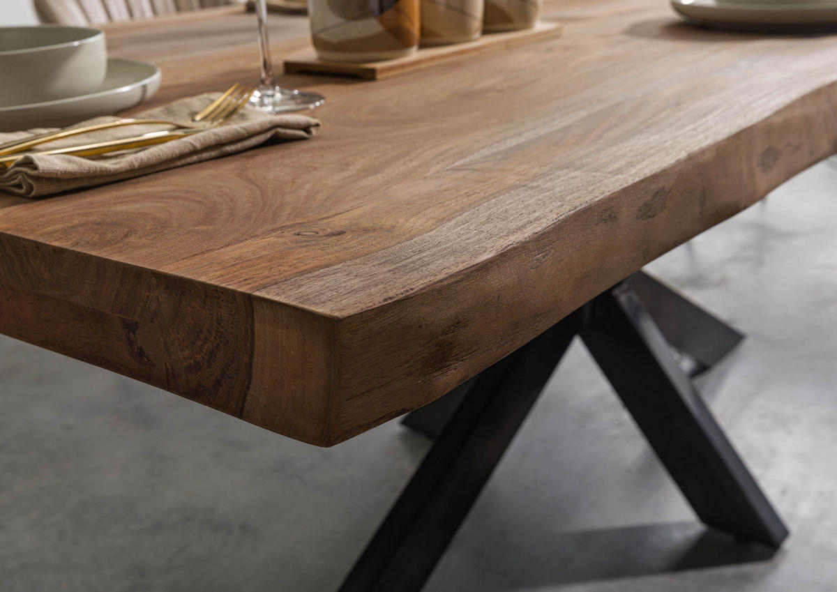 BAUMTISCH Sheesham 180x90x77 grau gebeizt / Kreuzgestell anthrazit glänzend FREEFORM 5 - Grau, Holz (180/90/77cm) - Massivmoebel24