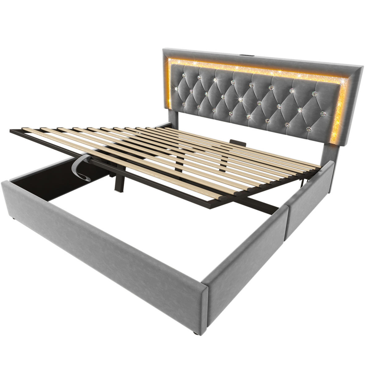 POLSTERBETT mit Bettkasten 160x200 cm Samt Grau mit LED und USB - Grau, Metall (160/200cm) - Meubliv