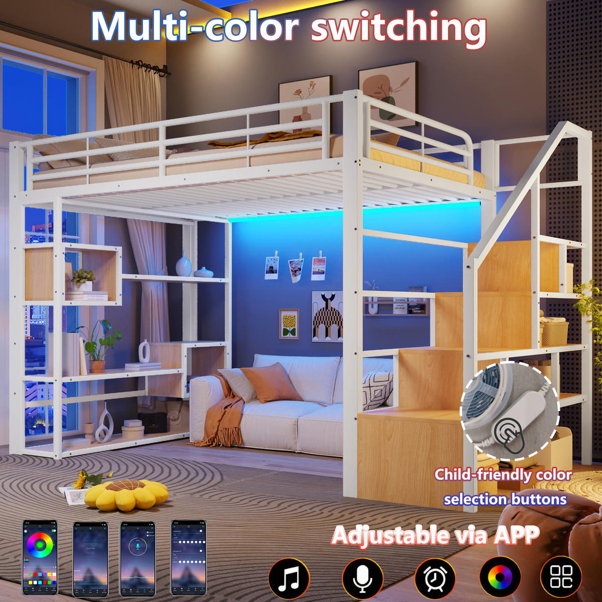 HOCHBETT 140x200 Metall Weiß mit Stauraum LED Beleuchtung Treppe - Weiß, Metall - Gisaae