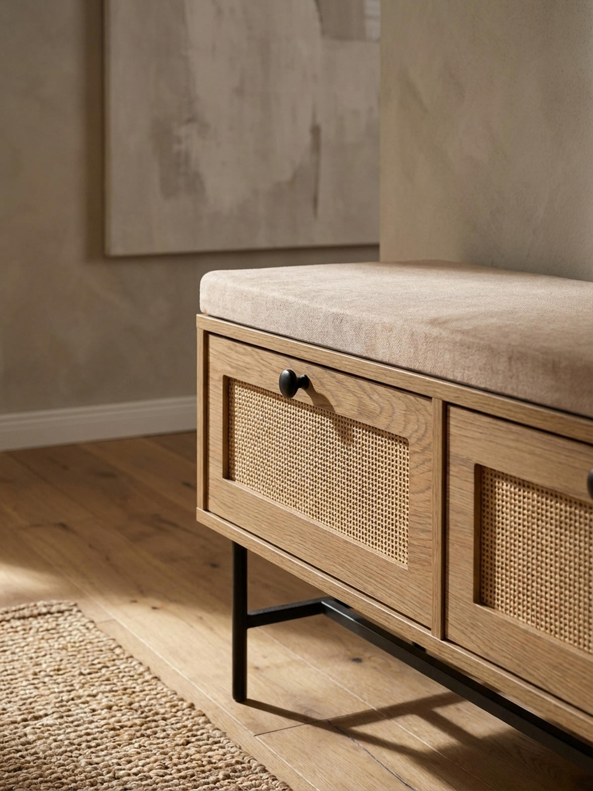 SCHUHBANK – 100x48x38 cm, Eiche-Dekor, Sitzfläche Stoff, mit Schubladen - Beige/Schwarz, Textil/Metall (100/48/38cm) - KADIMA DESIGN