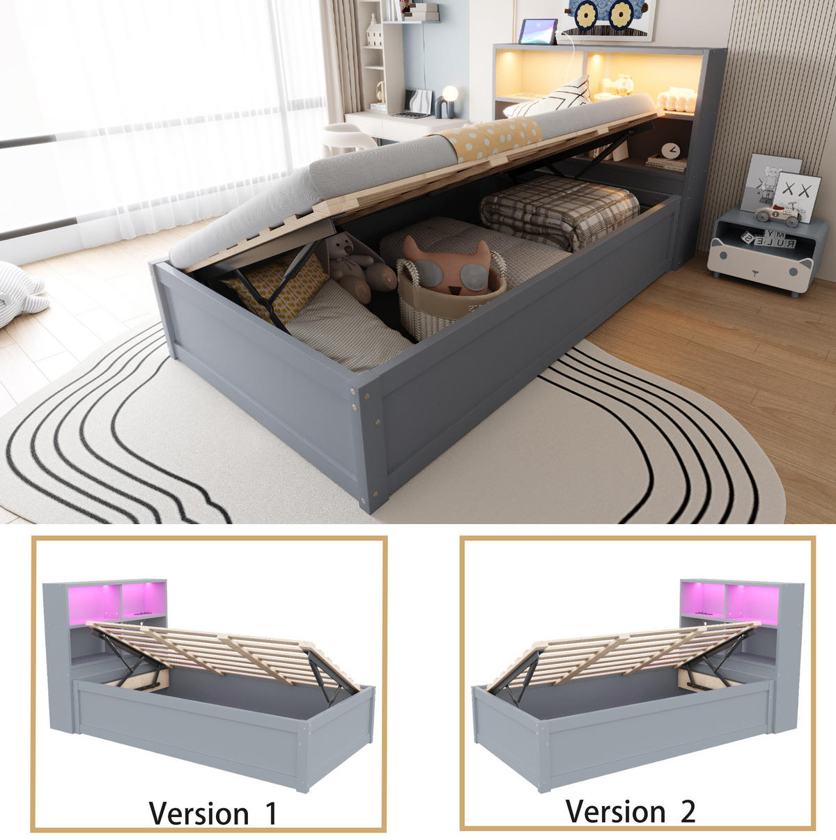 BETT 90/200 cm Grau aus Holz mit LED-Lichtleiste - Grau, Holz (90/200cm) - OKMYHOME