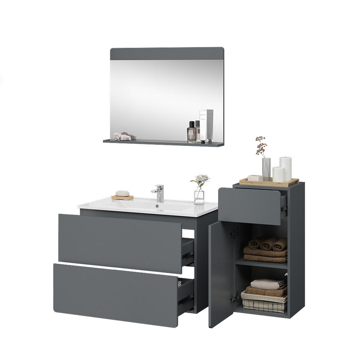 BADMÖBEL-SET Izan Grau 4 Teile mit Midischrank - Grau, Holzwerkstoff (80/59.3/46cm) - Vicco