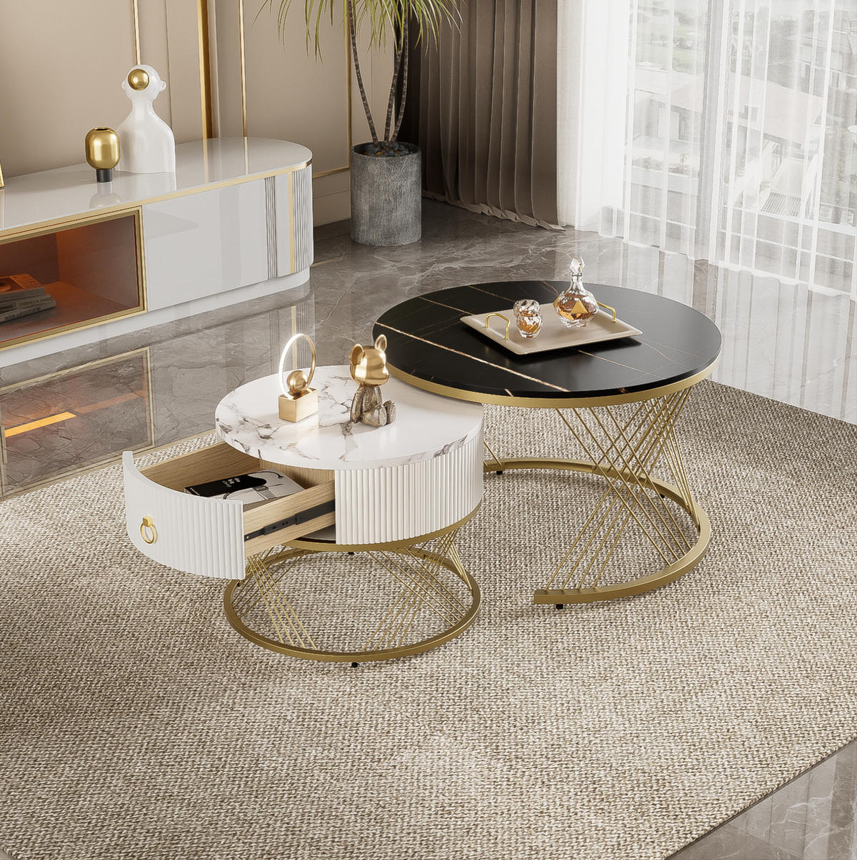 COUCHTISCH 70/70/45 cm im 2er-Set mit Schublade, Marmoroptik und Goldakzenten - Schwarz, Holzwerkstoff (70/70/45cm) - Flora Grace