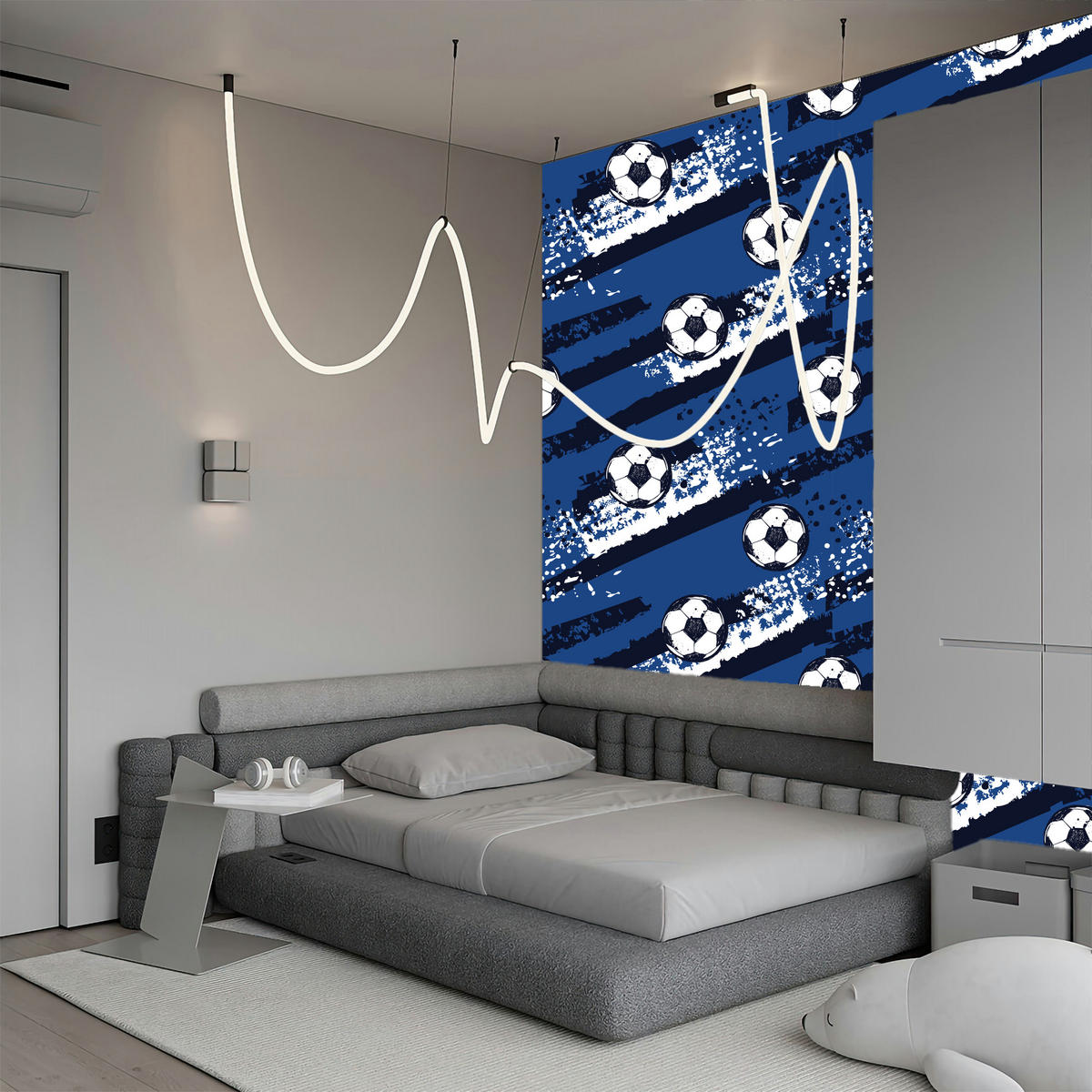 VLIESTAPETE Fußbälle und Farbspuren – Blau, Schwarz, Weiß – 50x1000 cm - Blau/Schwarz, Papier (50/1000cm) - Muralo