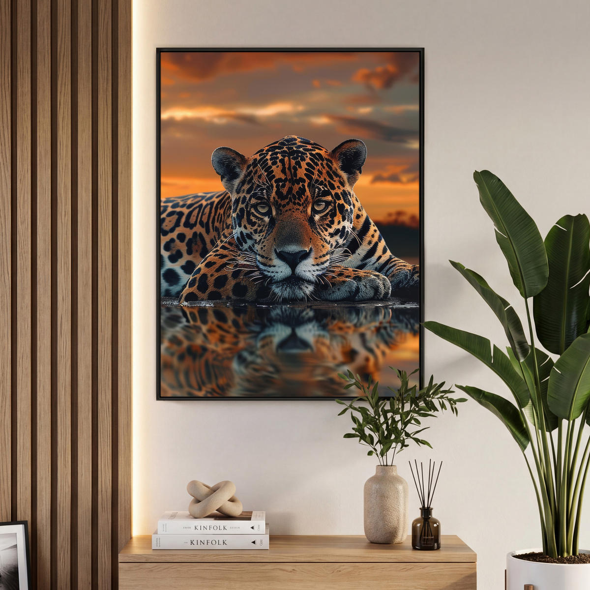 LEINWAND Bilder mit Rahmen - Natur - Leopard - Tier - Sonnenuntergang - Modern - 70x100 - Orange, Textil (70/100cm) - MuchoWow