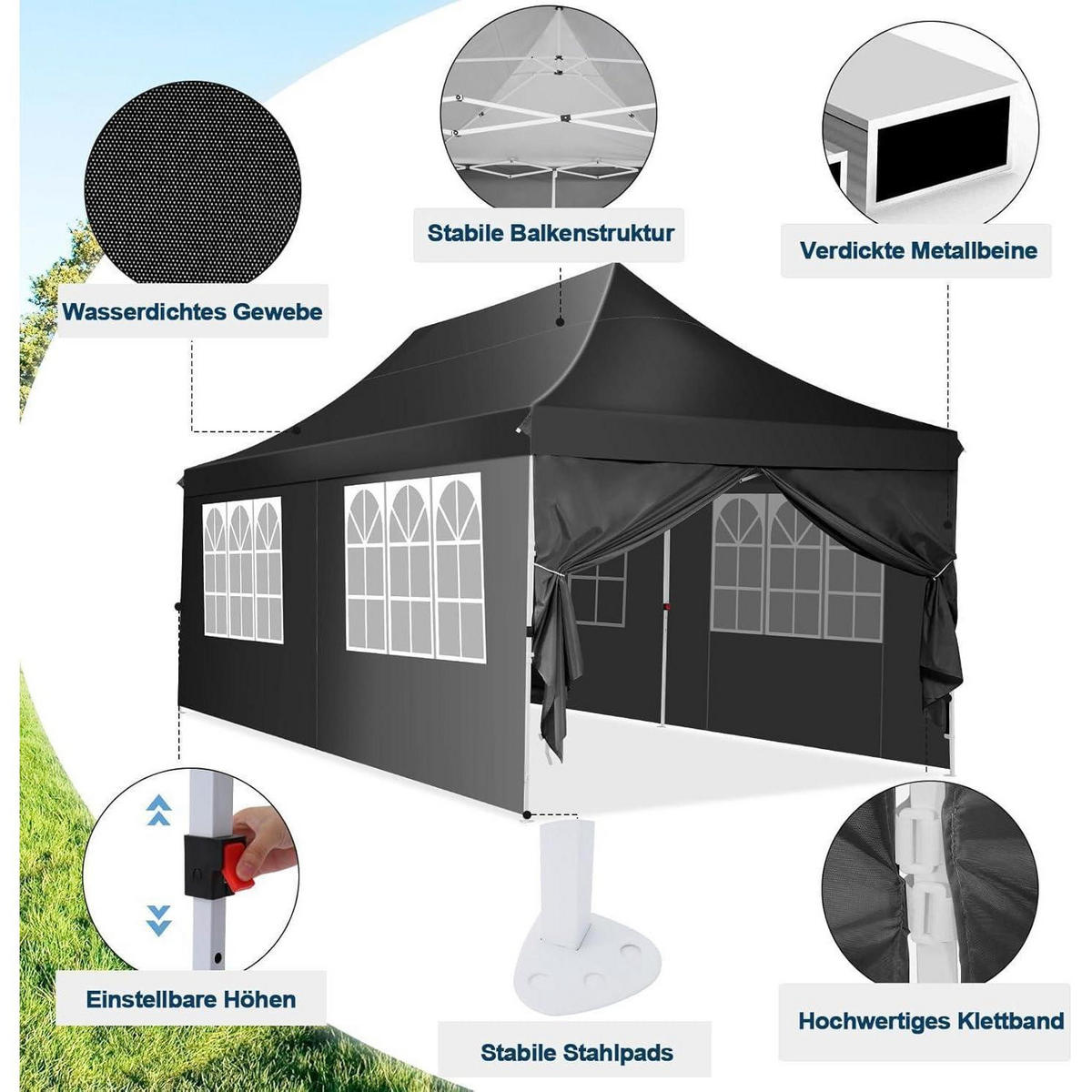 FALTPAVILLON 3 x 6 m Schwarz Wasserdicht UV50+ - Schwarz, Textil (300/300/600cm)