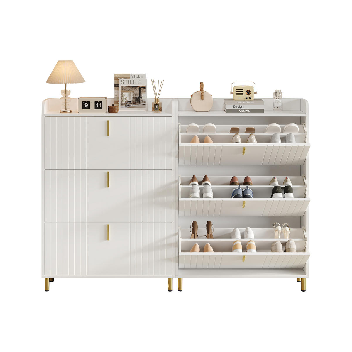 SCHUHSCHRANK aus MDF 80x23x123,5cm in Weiß mit 3 Klappen - Weiß, Holzwerkstoff (80/123.5/23cm) - Modfu