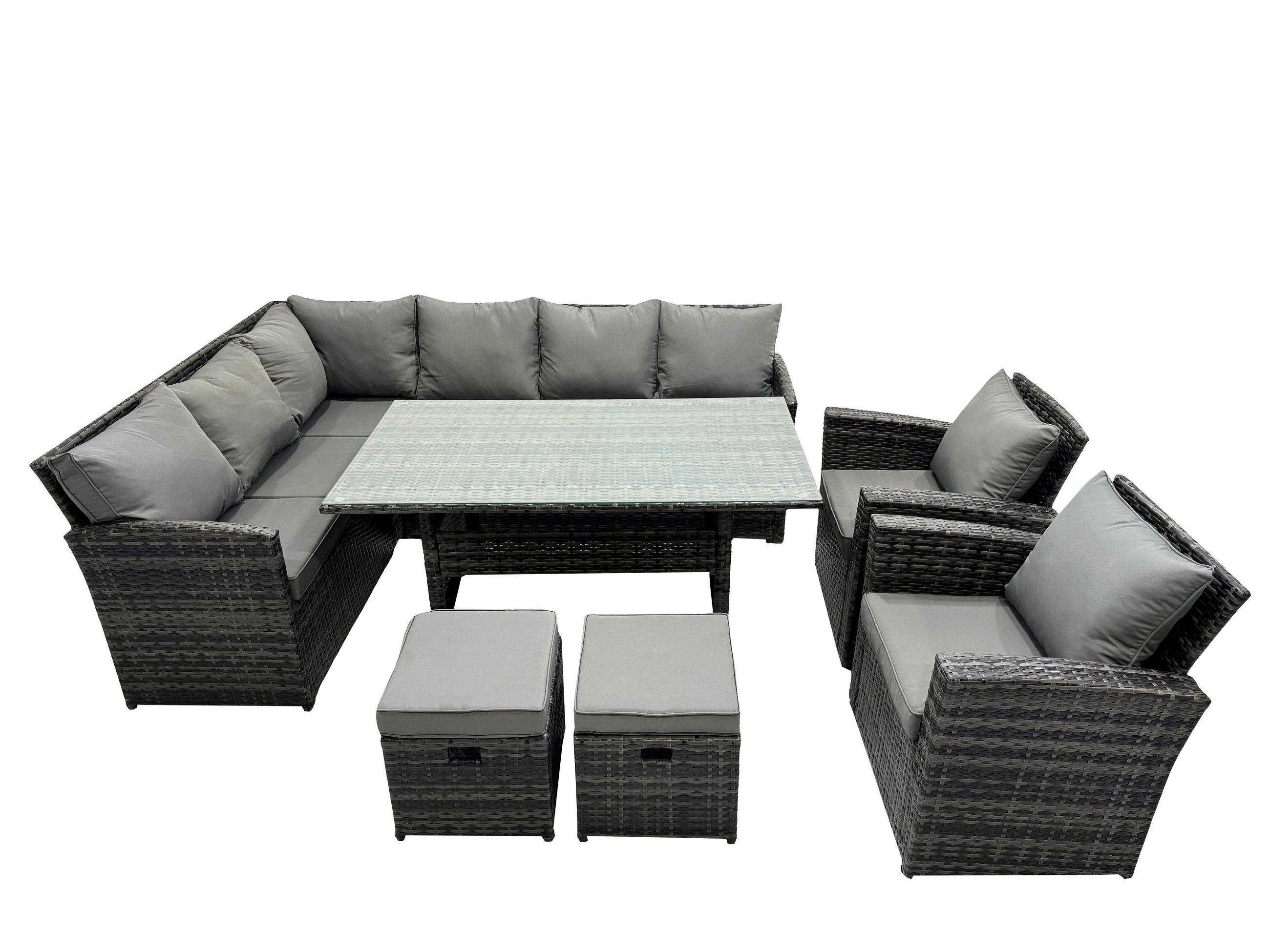 SITZGRUPPE mit Esstisch,Fußhocker,2 Stuhl Polyrattan Dunkelgrau 10-Sitzer - Dunkelgrau/Grau, Glas/Kunststoff - Fimous