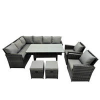 SITZGRUPPE mit Esstisch,Fußhocker,2 Stuhl Polyrattan Dunkelgrau 10-Sitzer - Dunkelgrau/Grau, Glas/Kunststoff - Fimous