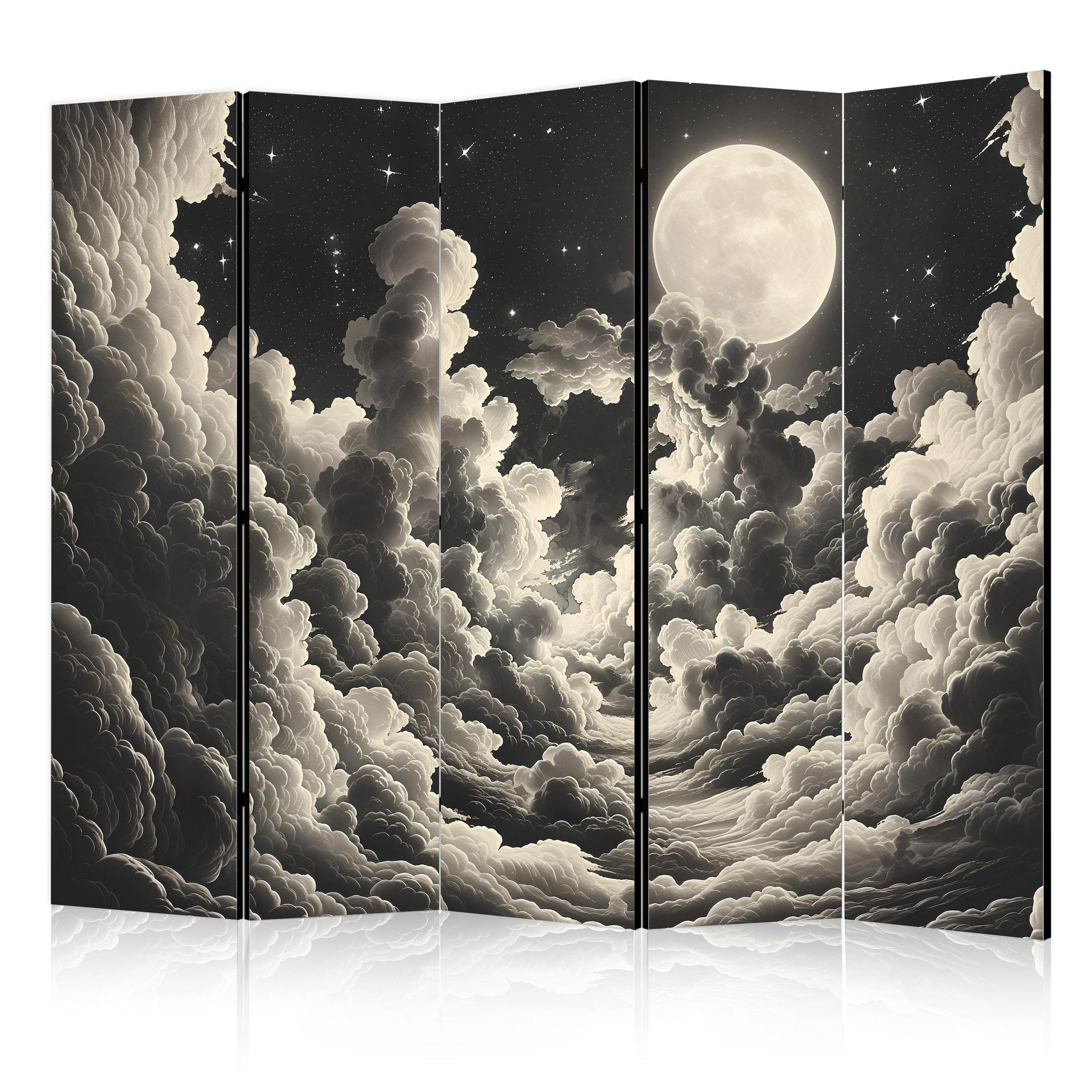PARAVÁN Akustický 5-Dielny 225x172 cm Mesiac za Oblakmi - čierna, drevo/textil (225/172/3cm) - Muralo