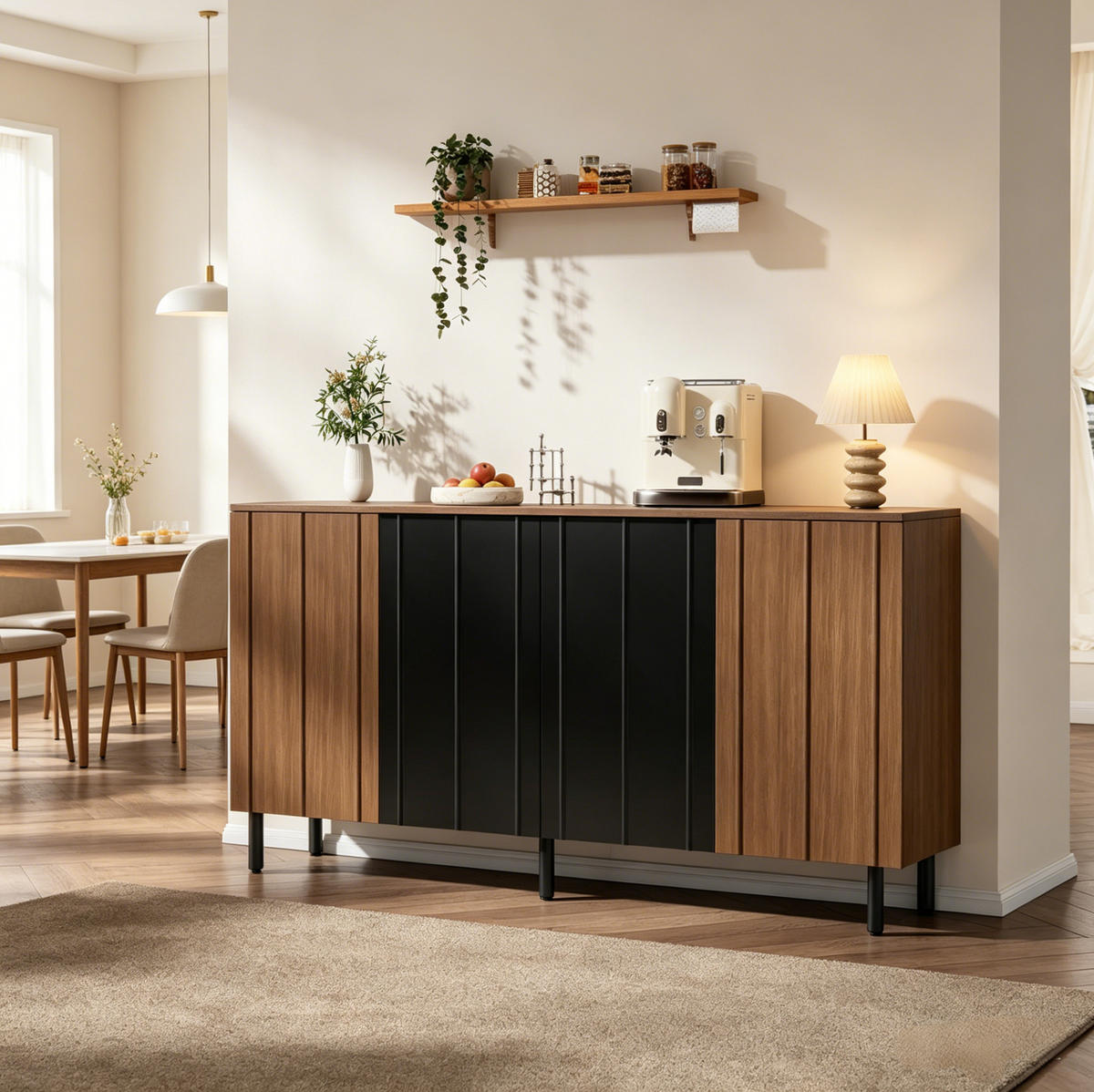 SIDEBOARD 160/35/80 cm walnussfarben/schwarz aus Spanplatte mit 4 Türen - Walnussfarben, Holzwerkstoff (160/80/35cm) - OKWISH