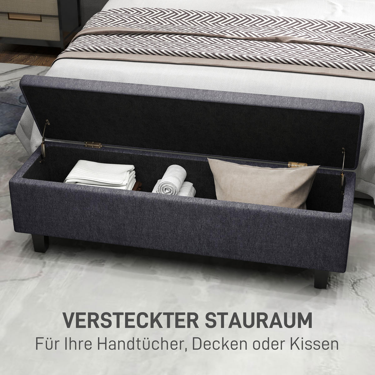 TRUHENBANK mit Stauraum, Polsterbank mit Leinenoptik, Holzbeine, Dunkelgrau - Dunkelgrau, Textil (40/45/138cm) - HOMCOM