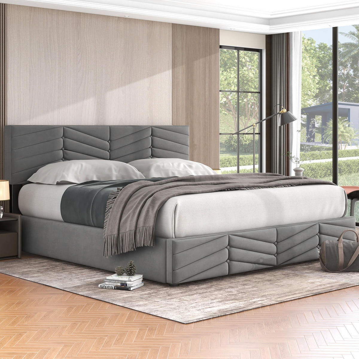 BETT Streifen-Stil Samt 180x200 Hydraulischer Bettkasten Stauraum - Grau, Textil - Raelunyi