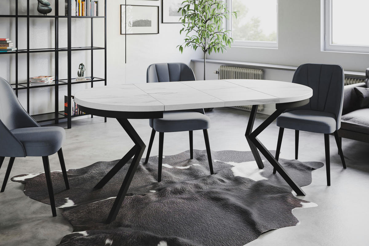 ESSZIMMERTISCH BERGO, ausziehbarer Tisch 90 cm/170 cm, Farbe: Marmur, mit Metallbeinen in Farbe Schwarz - Hellgrau/Schwarz, Holzwerkstoff (90/90/76cm) - Alpi-Möbel