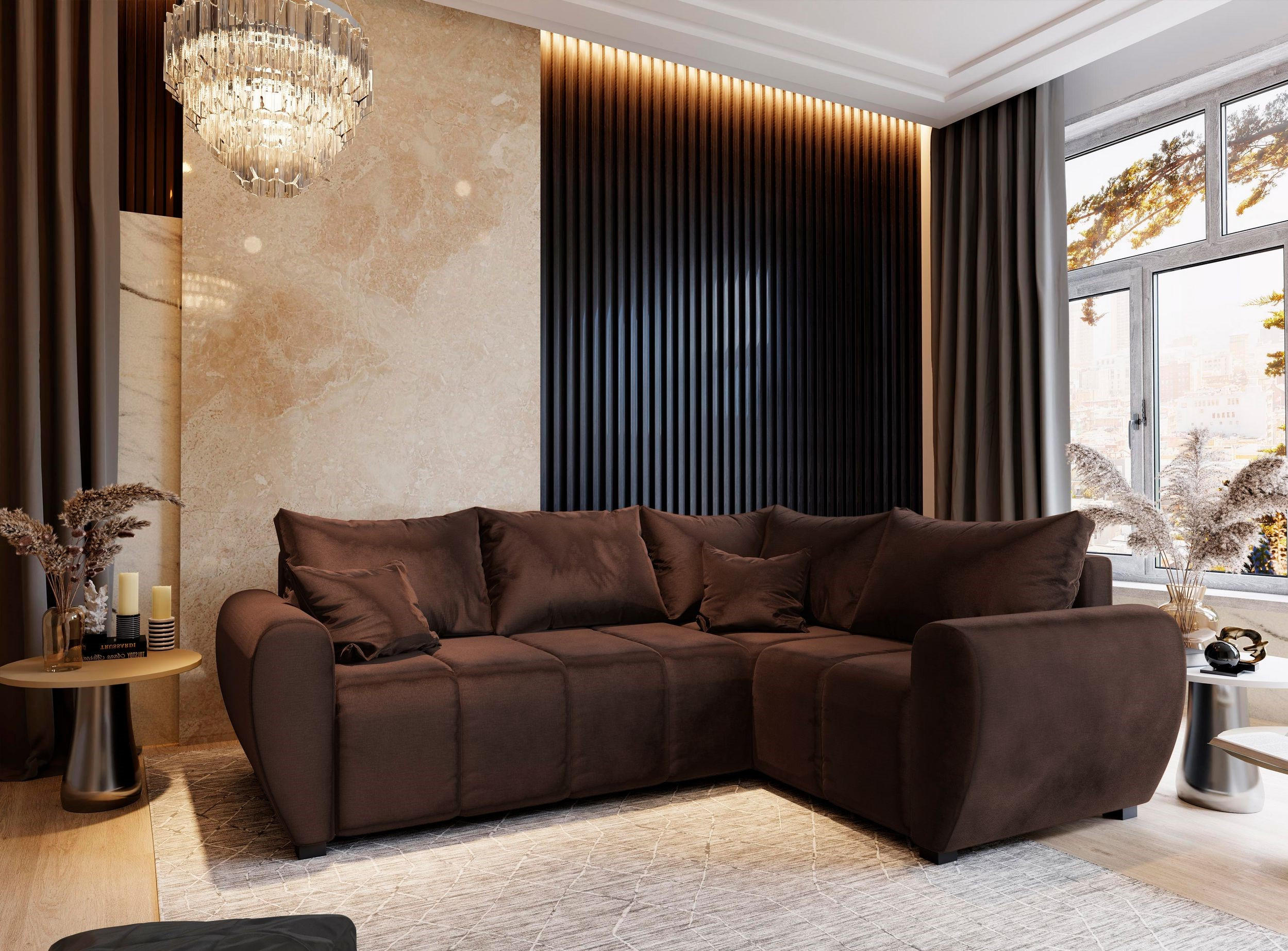 ECKSOFA MADISON L R-S Braun Plüsch-Stoff mit Schlaffunktion - Braun, Holz (235/175cm) - MASSENO