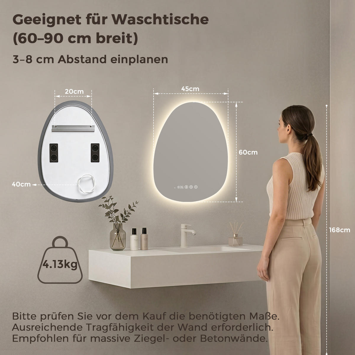 BADSPIEGEL MIT BELEUCHTUNG 60/45 cm asymmetrisch Bluetooth LED mit Antibeschlag - Transparent, Glas (45/60/3cm) - S'AFIELINA