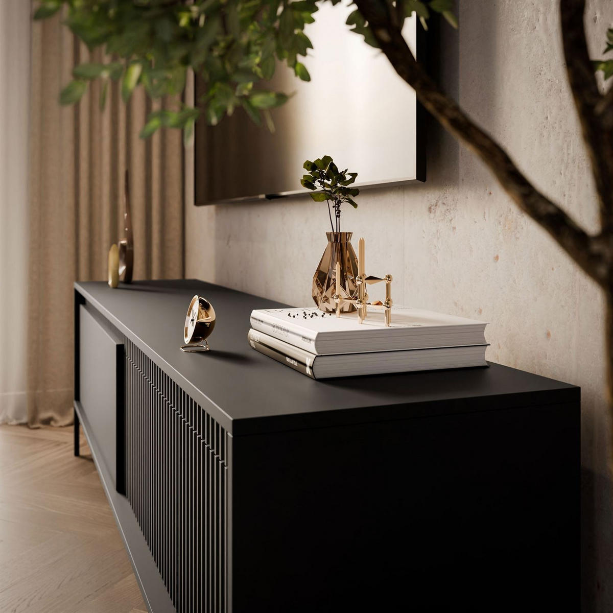 TV-ELEMENT YASUMI 187 cm schwarz matt - Schwarz, Holzwerkstoff (187.1/53.4/39.5cm) - Lookway