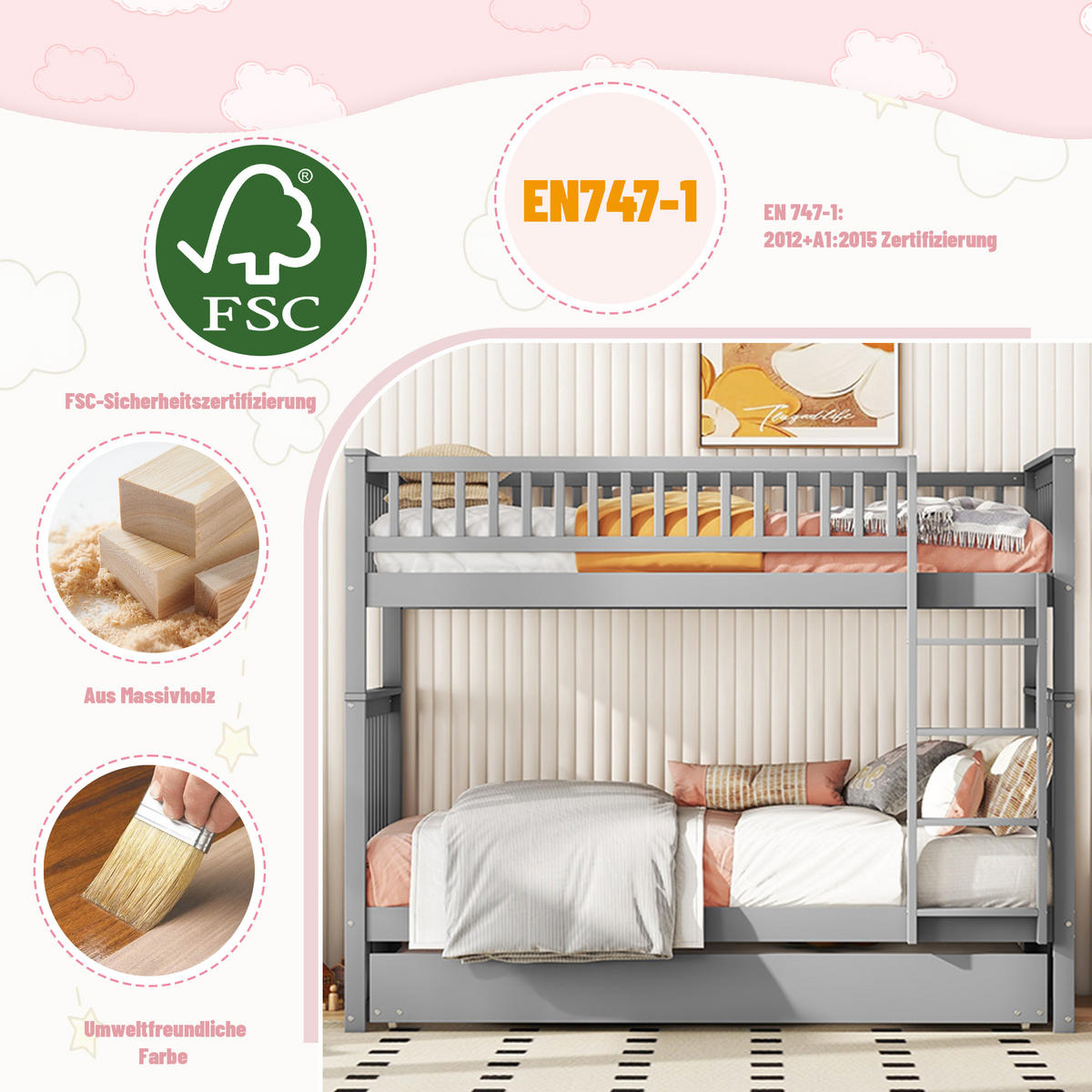 ETAGENBETT 90x200cm Grau Dreierbetten mit Ausziehbett hohe Geländer - Grau, Holz (90/200cm) - FLIEKS