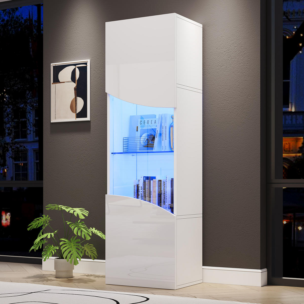 VITRINE Weiß mit gehärtetem Glas, asymmetrischer geschwungener Form 35 × 50 × 165 cm aus Spanplatte und Glas - Weiß, Holzwerkstoff (50/165/35cm) - Luhomfu