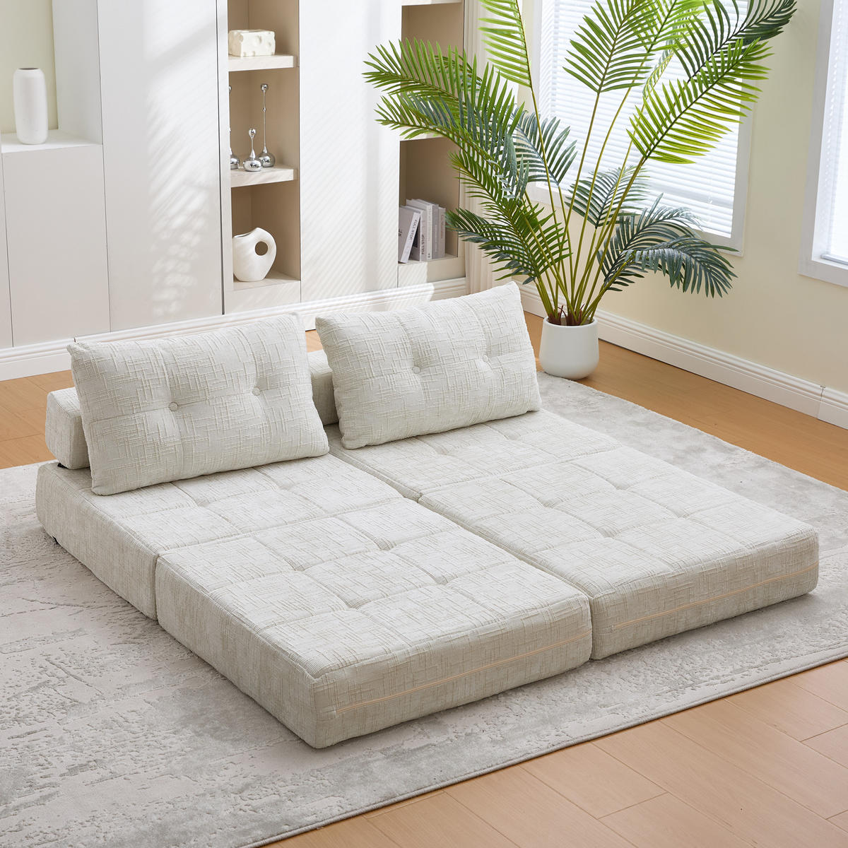 SCHLAFSESSEL Klappbares mit Kopf und Lumbalkissen Chenille Beige 79/79/57 cm - Beige, Textil (79/57/79cm) - OKWISH