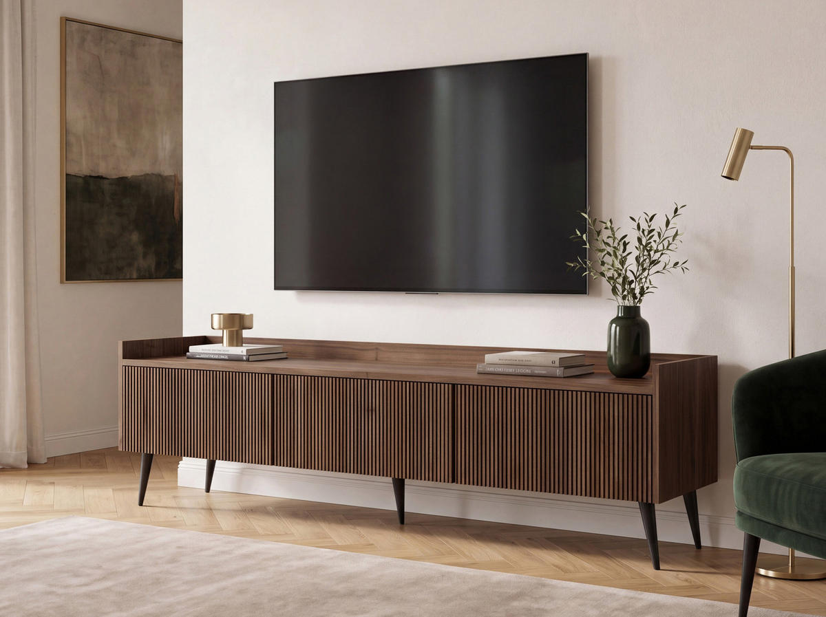 TV LOWBOARD Arysa – Geriffelt, Hohe Metallfüße – Walnuss 180/45/41 cm - Walnussfarben/Schwarz, Holzwerkstoff/Metall (180/45/41cm) - WFL GROUP