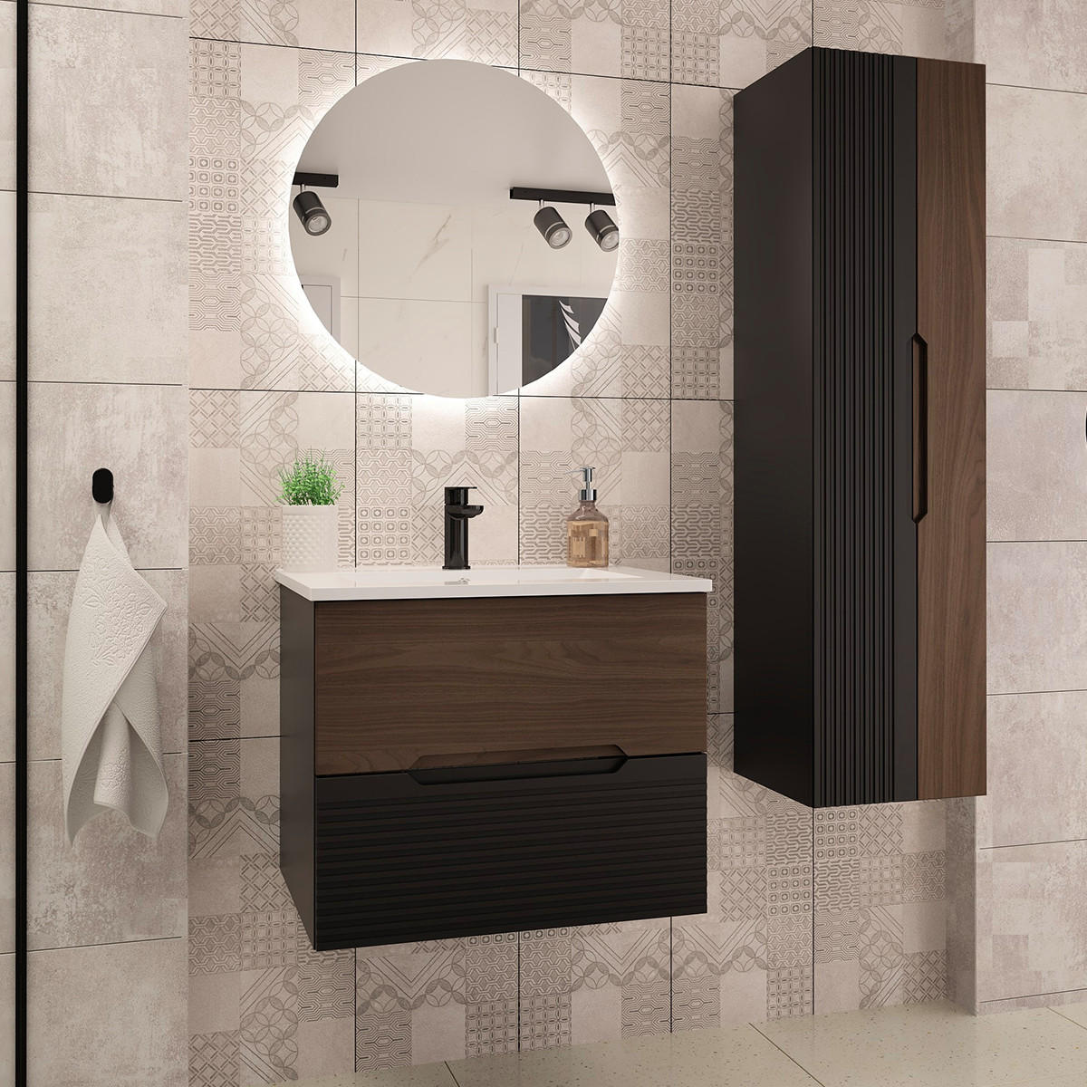 BADMÖBEL 60cm Sylla 2er-Set Schwarz und Holz - Schwarz, Holzwerkstoff (60/50/45.8cm) - Petits-meubles