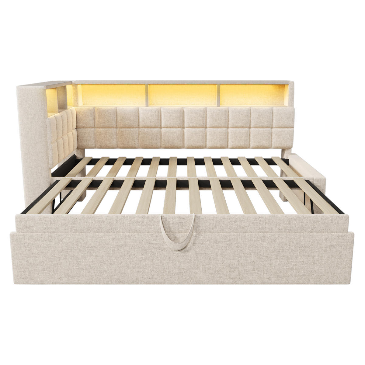 AUSZIEHBETT 90/200 cm DE-00770, in Beige, LED und L-Kopfteil - Beige, Holz (90/200cm) - ComfortXL