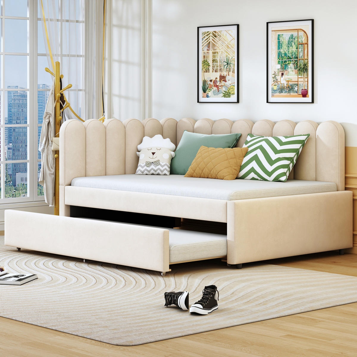 POLSTERBETT 140/200 cm aus Samt mit Ausziehbett in L-Form Beige - Beige, Textil (140/200cm) - Modenvie