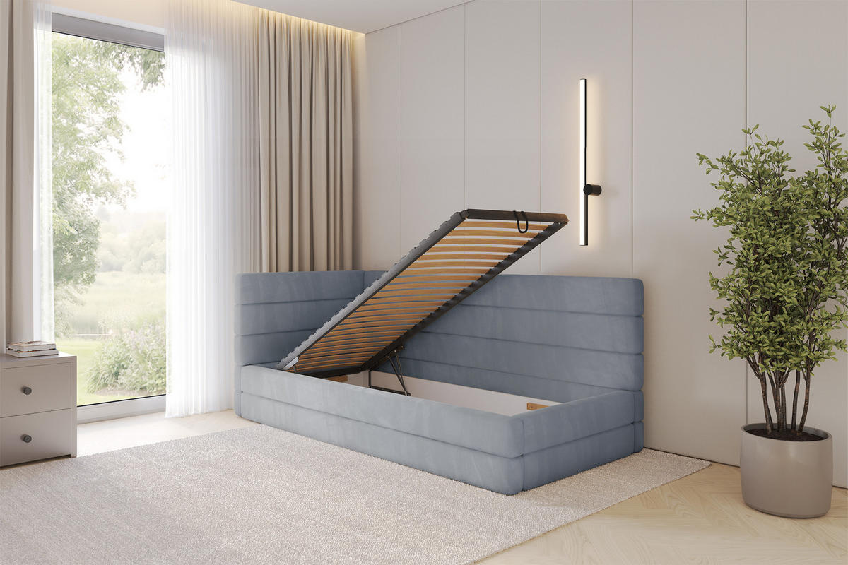 EINZELLBETT Jugendbett mit Bettkasten, Rechts - BEMY 90x200 Grau - Blaugrau, Holzwerkstoff/Textil (90/200cm) - ALTDECOR