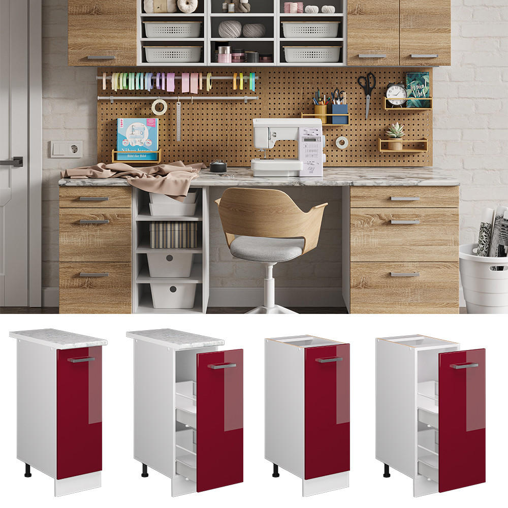 UNTERSCHRANK R-Line Bordeaux Hochglanz 30 cm mit Tür mit Arbeitsplatte - Bordeaux/Weiß, Holzwerkstoff (30/81.6/60cm) - Vicco