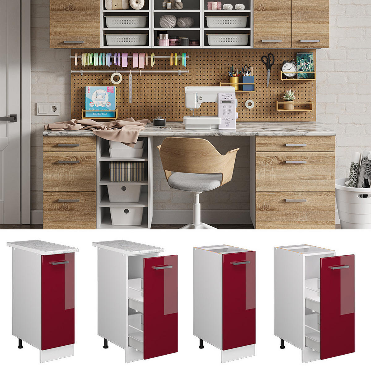 UNTERSCHRANK R-Line Bordeaux Hochglanz 30 cm mit Tür, ohne AP - Bordeaux/Weiß, Holzwerkstoff (30/81.6/46cm) - Vicco