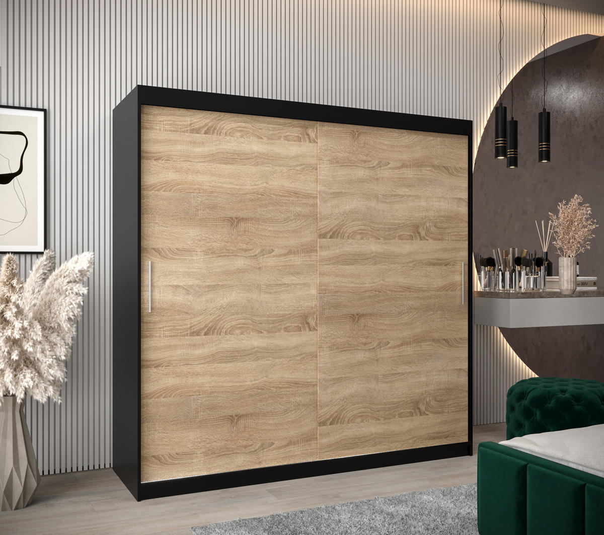 SCHWEBETÜRENSCHRANK 200/200/62 2-türig - Silberfarben/Schwarz, Holz/Kunststoff (200/200/62cm) - Abiks Möbel