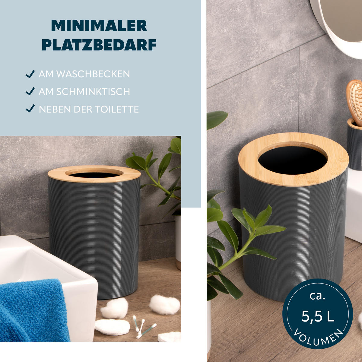KOSMETIKEIMER SEGNO 5,5 Liter, grau - Grau, Kunststoff (19/24.5/19cm) - bremermann