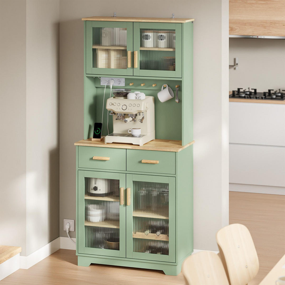 SIDEBOARD mit Weinregal und Glastüren, Küchenschrank Grün 80x40x180 cm - Grün, Glas/Holzwerkstoff (78/180/38cm) - SoBuy
