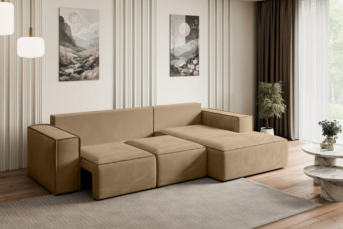 ECKSOFA mit Schlaffunktion und Bettkasten SERRA-L-S - 266x161x87 cm Beige Velours - Beige/Schwarz, Holzwerkstoff/Kunststoff (266/161cm) - ALTDECOR