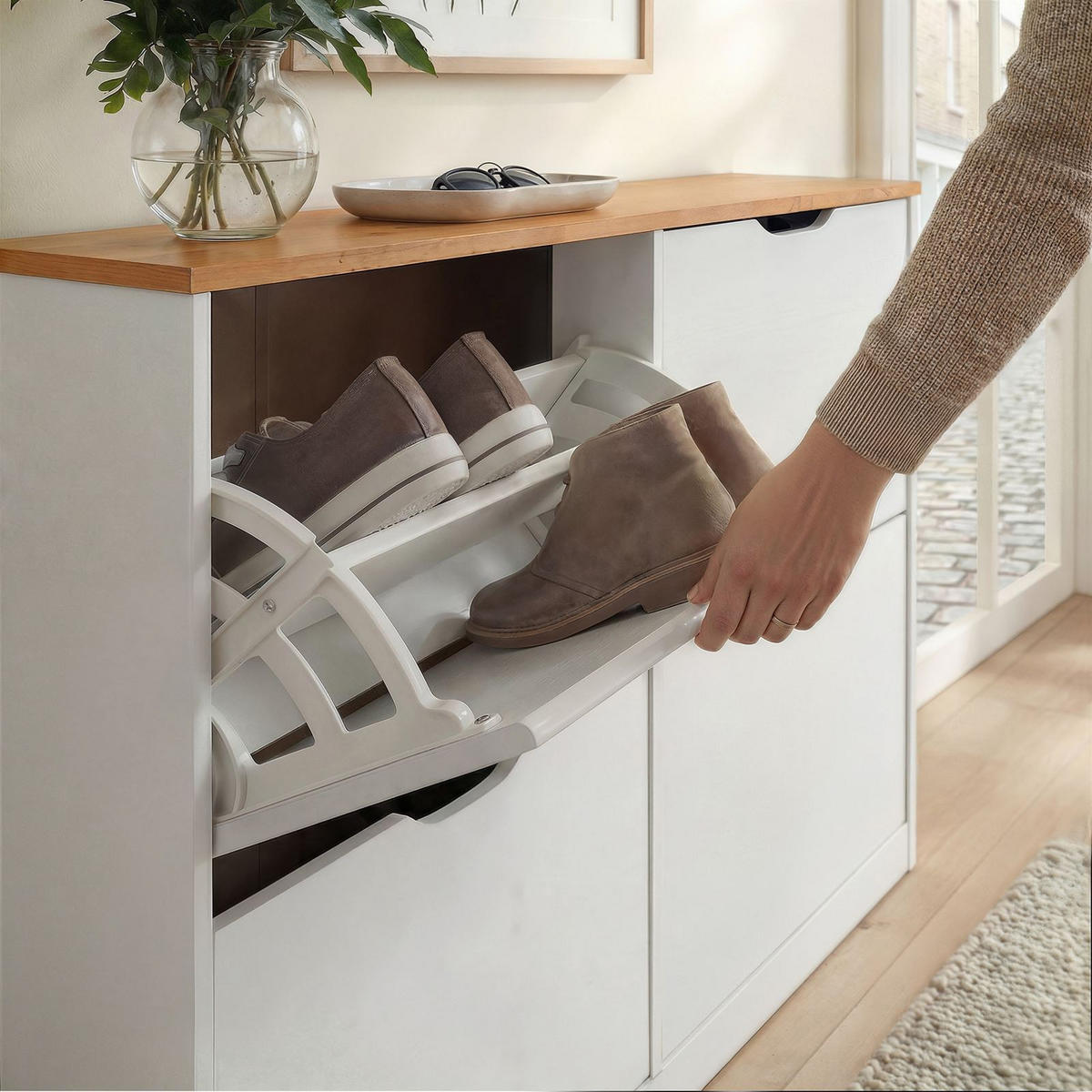 SCHUHSCHRANK BASIL weiß/braun - Weiß/Braun, Holz (115/79/25cm) - IDIMEX