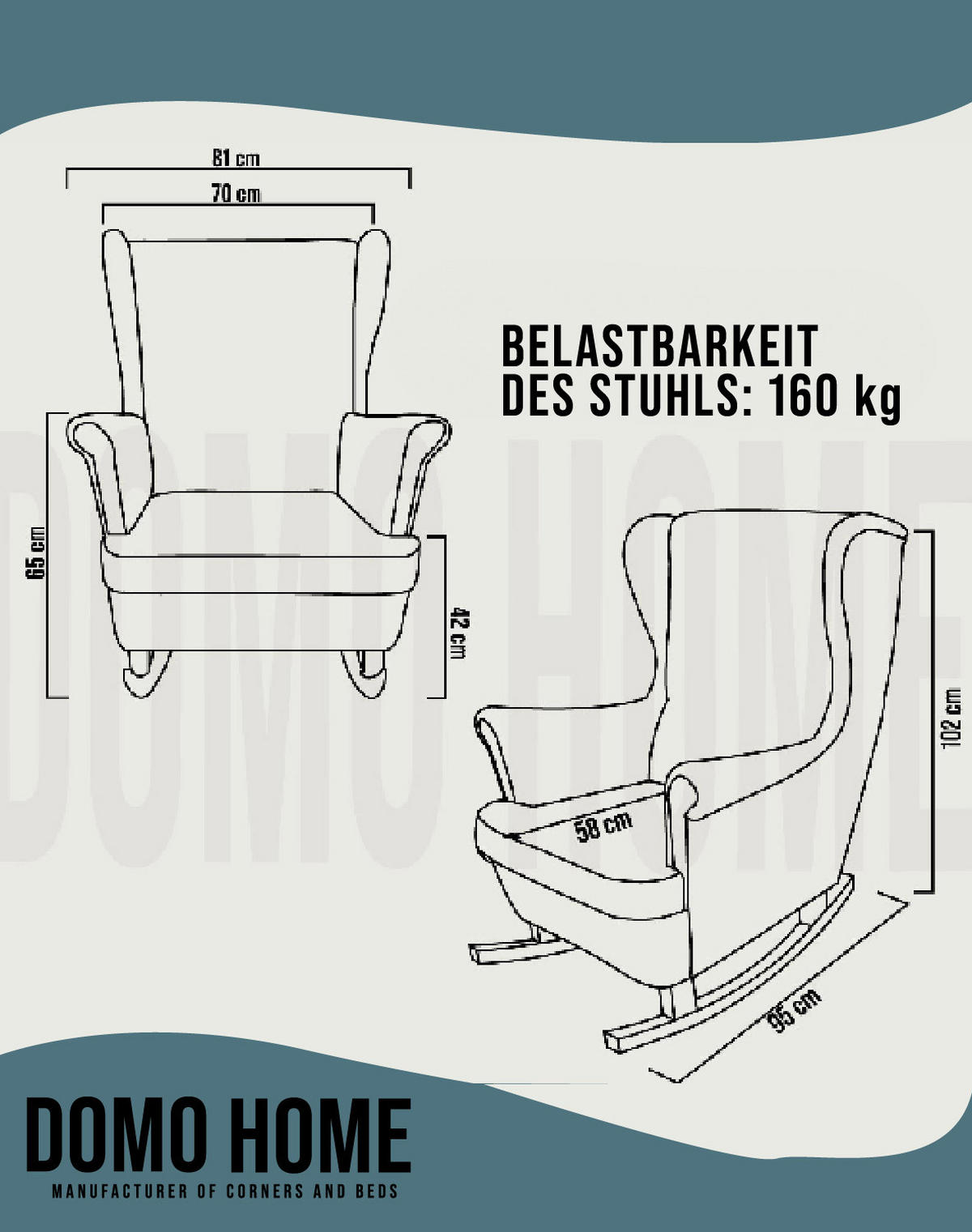 SCHAUKELSESSEL mit gepolstertem Sitz und Armlehnen, 102x81x95 cm, Marine_29860 - Petrol/Braun, Holz/Textil (81/102/95cm) - DomoHome