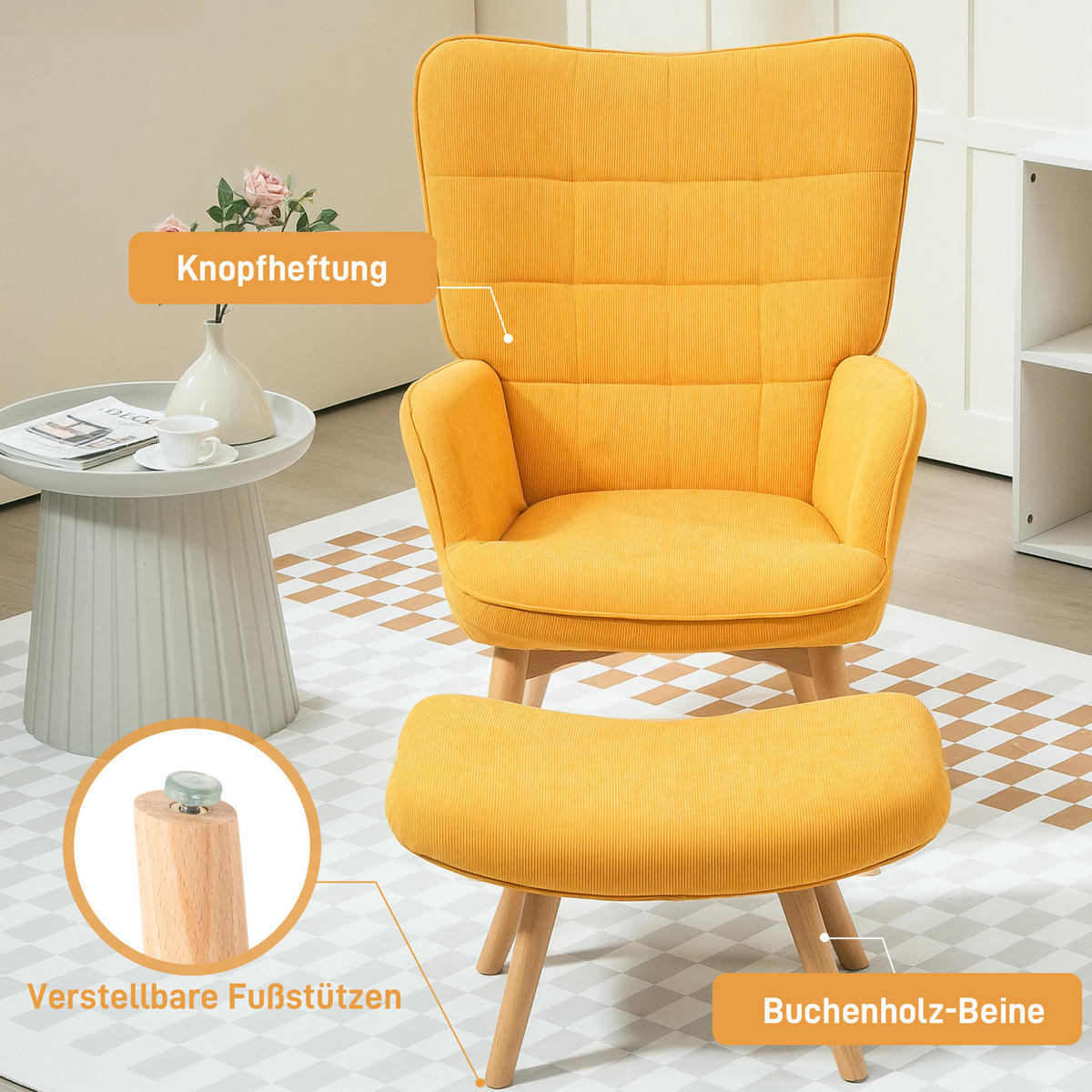 KŘESLO s podnožkou 72/80/101 cm pro relaxaci s měkkým čalouněním a bukovými nohami, Oranžová - pomerančová, textil (72/101/80cm) - Redom