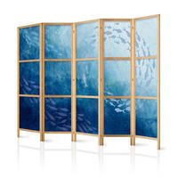 PARAVENT Japanischer 5-tlg 225x172 cm Fischschwarm - Blau, Holz/Textil (225/172/3cm) - Muralo