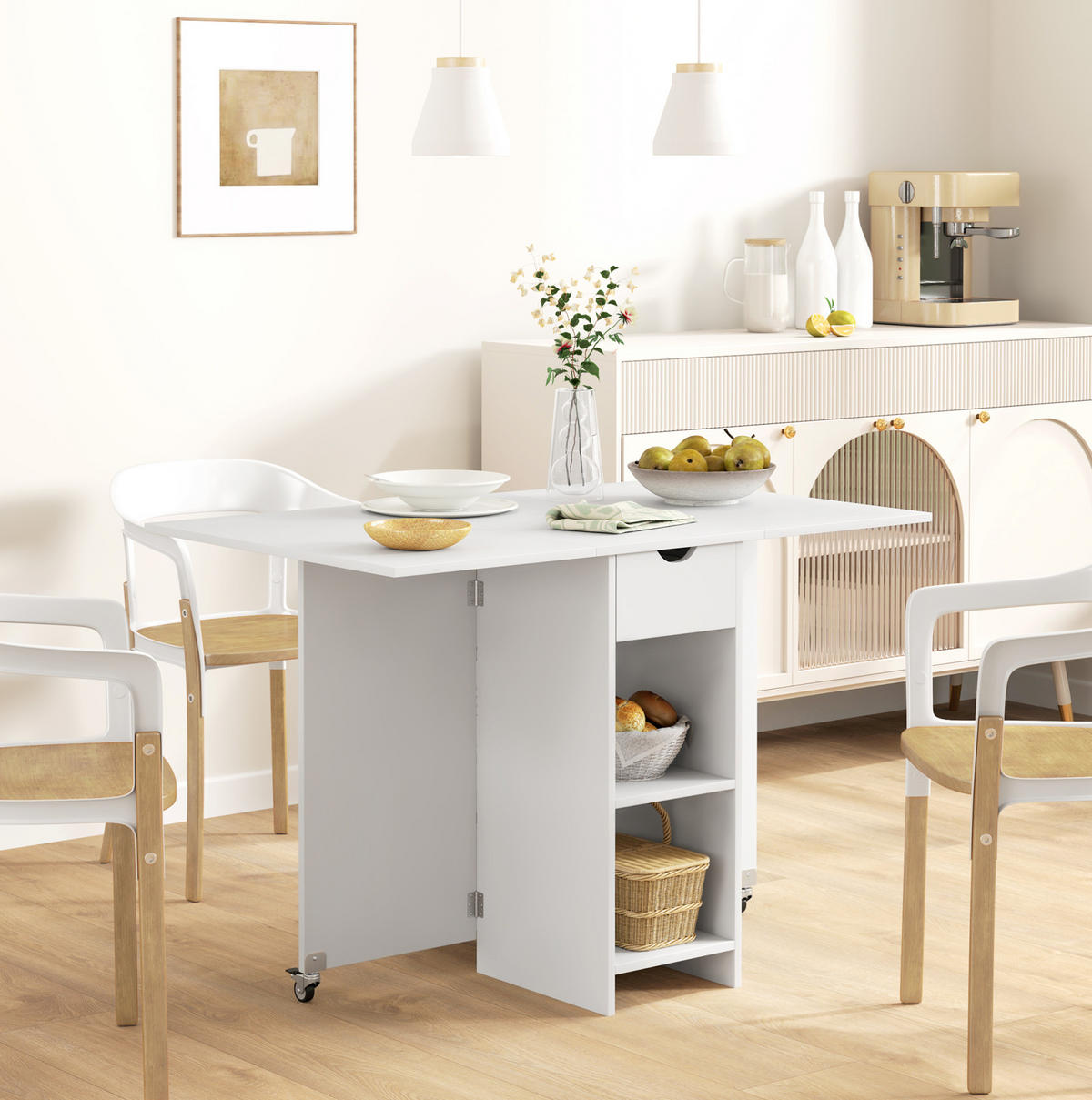 KLAPPTISCH 114,5/70/75 cm mit 2 ausklappbaren Platten, Schublade und offenen Fächern, Weiß - Weiß, Holzwerkstoff (114.5/70/75cm) - Redom