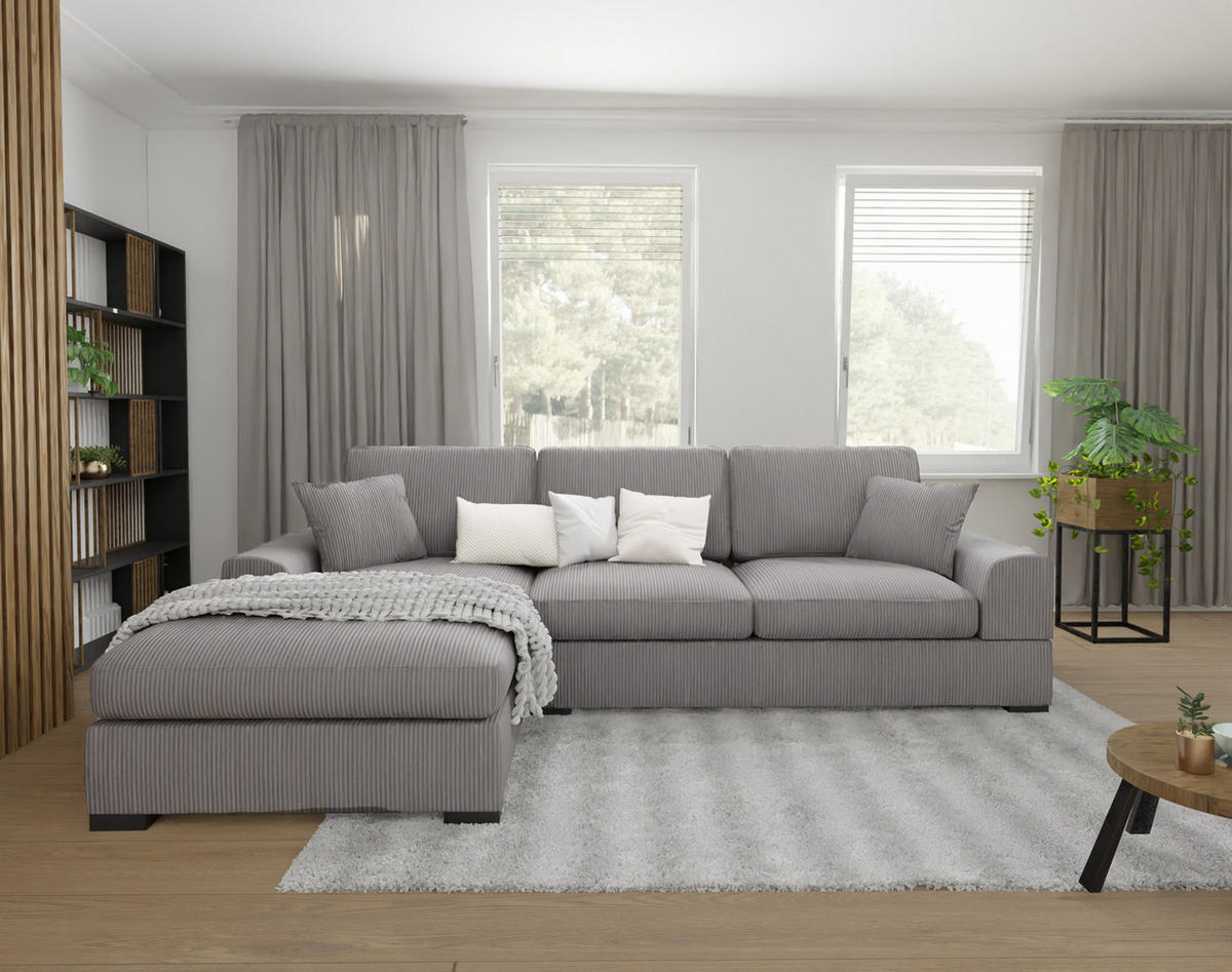 ECKSOFA Saga Hellgrau Cord - Hellgrau/Schwarz, Holz/Buchenholz (306/184cm) - S-Style Möbel