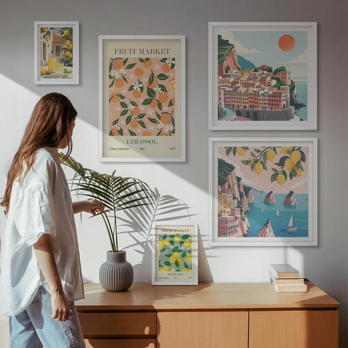 BILDER SET 5er Set - 50x50 cm & 20x30 cm & 40x60 cm Weißer Rahmen - Abstrakte ästhetische Berge - Weiß, Kunststoff (40/60cm) - TULUP