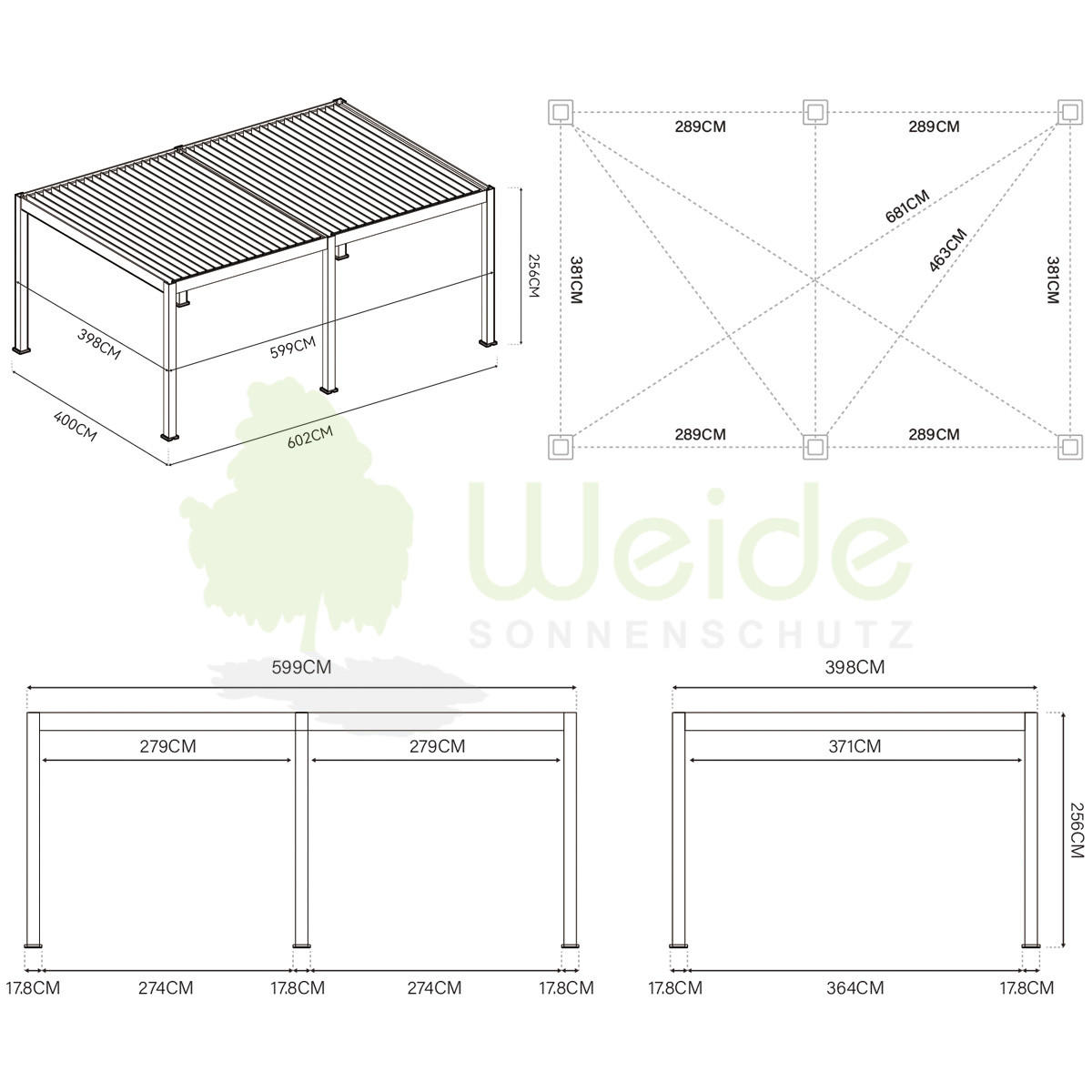 PERGOLA Deluxe Plus Elektrisch Pavillon Terrassenüberdachung Alu LED 4 x 6 m - Anthrazit, Metall (400/255/600cm) - WEIDE