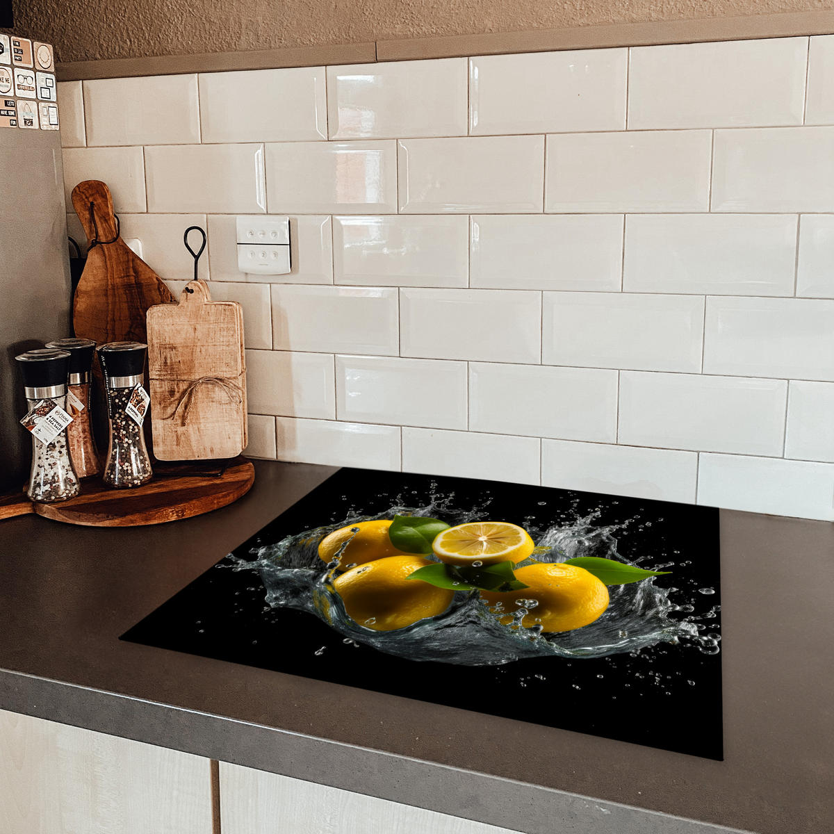 HERDABDECKPLATTE Zitrone - Obst - Gelb - Schwarz 57x51 cm - Gelb, Kunststoff (57.6/51.6/0.2cm) - MuchoWow