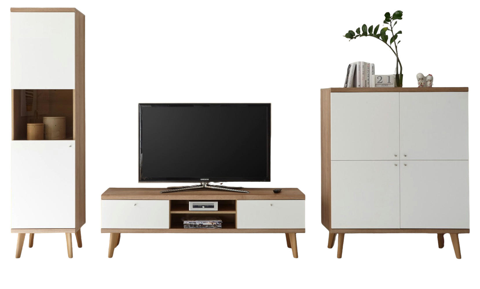 WOHNWAND weiß Eiche Riviera, Schrankwand skandinavisch 3-teilig 337 x 197 cm - Eichefarben/Weiß, Holzwerkstoff/Metall (337/197/40cm) - Furn.Design