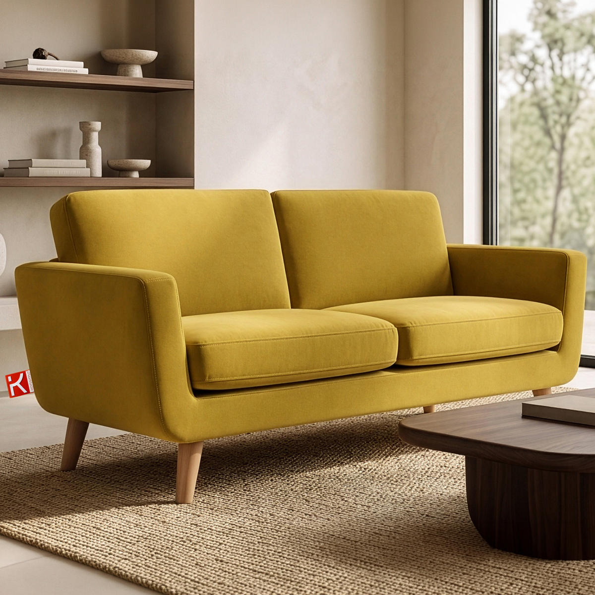 SOFA TAGIO mit Armlehnen, Gelb - Gelb/Braun, Buchenholz/Textil (153/80/84cm) - KONSIMO®